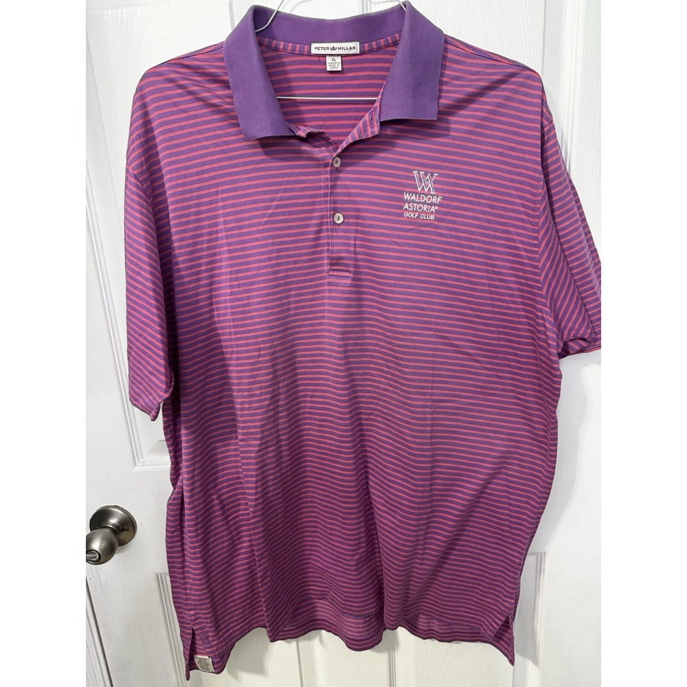 Peter Millar Men's XL Purple Pink Striped Polo Waldorf Astoria Golf Club